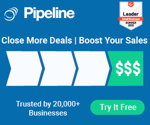 Pipeline CRM advertising banner reading close more deals boost your sales trusted by 20000+ businesses