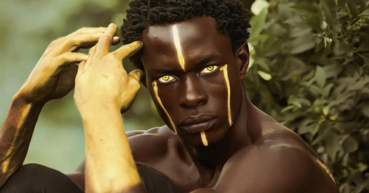 African Creative Arts Black Guy with Yellow Paint and Intense Eyes